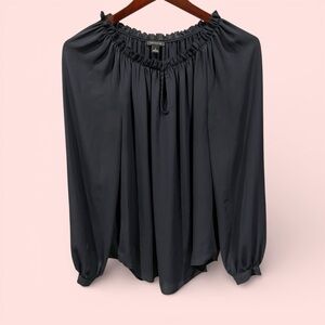 Cute Ann Taylor deep navy classic ruffle peek a boo blouse flowy boho semi-sheer